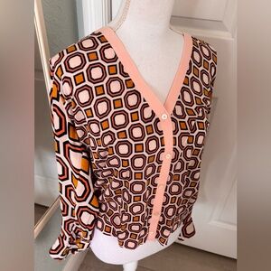 Tory Burch Wesley Cardigan Sweater Size Lrg Peach Geometric Print Silk Sleeves